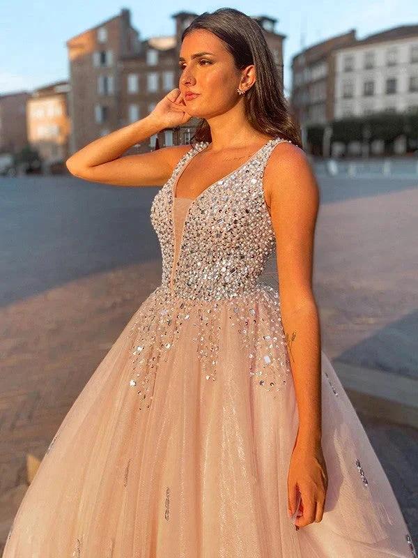 Ball Gown Tulle V-neck Beading Sleeveless Floor-Length Prom Dresses - Image 3
