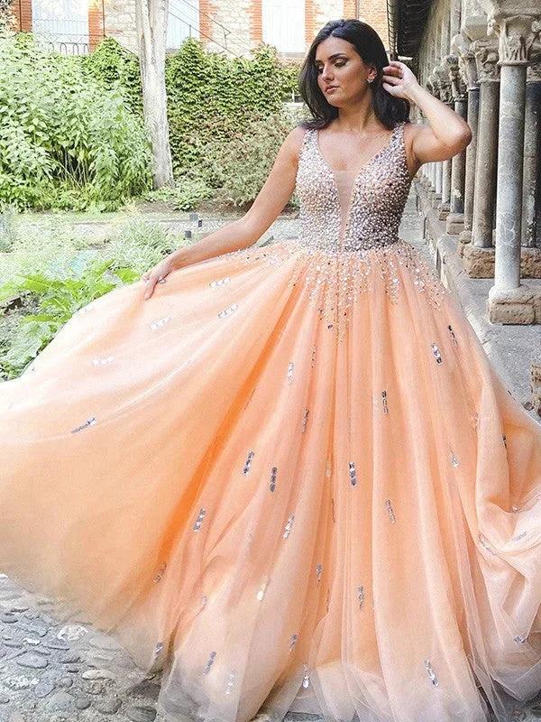 Ball Gown Tulle V-neck Beading Sleeveless Floor-Length Prom Dresses - Image 4