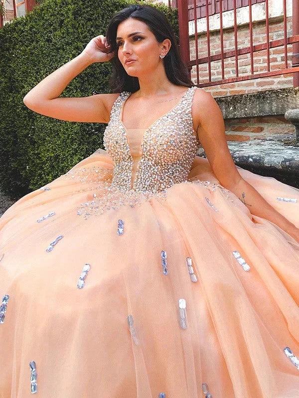 Ball Gown Tulle V-neck Beading Sleeveless Floor-Length Prom Dresses - Image 5