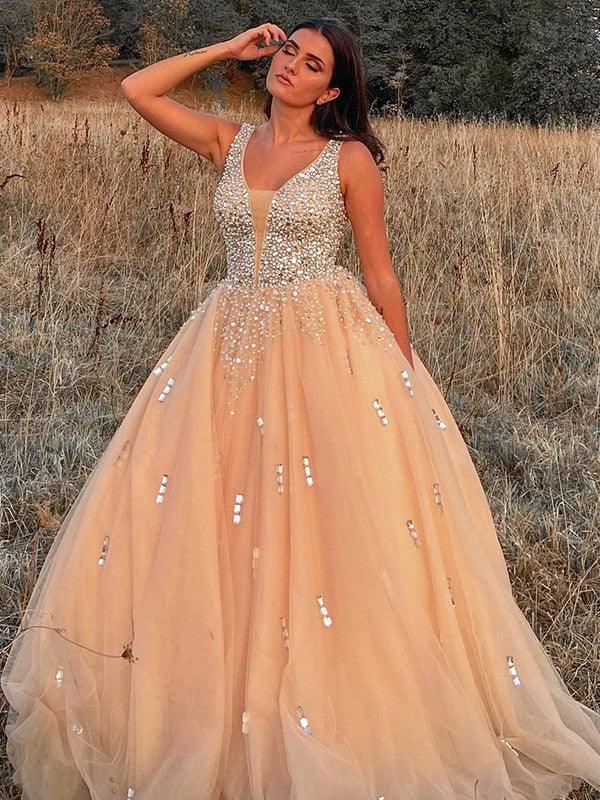 Ball Gown Tulle V-neck Beading Sleeveless Floor-Length Prom Dresses - Image 6