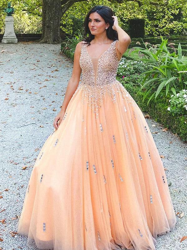 Ball Gown Tulle V-neck Beading Sleeveless Floor-Length Prom Dresses - Image 7