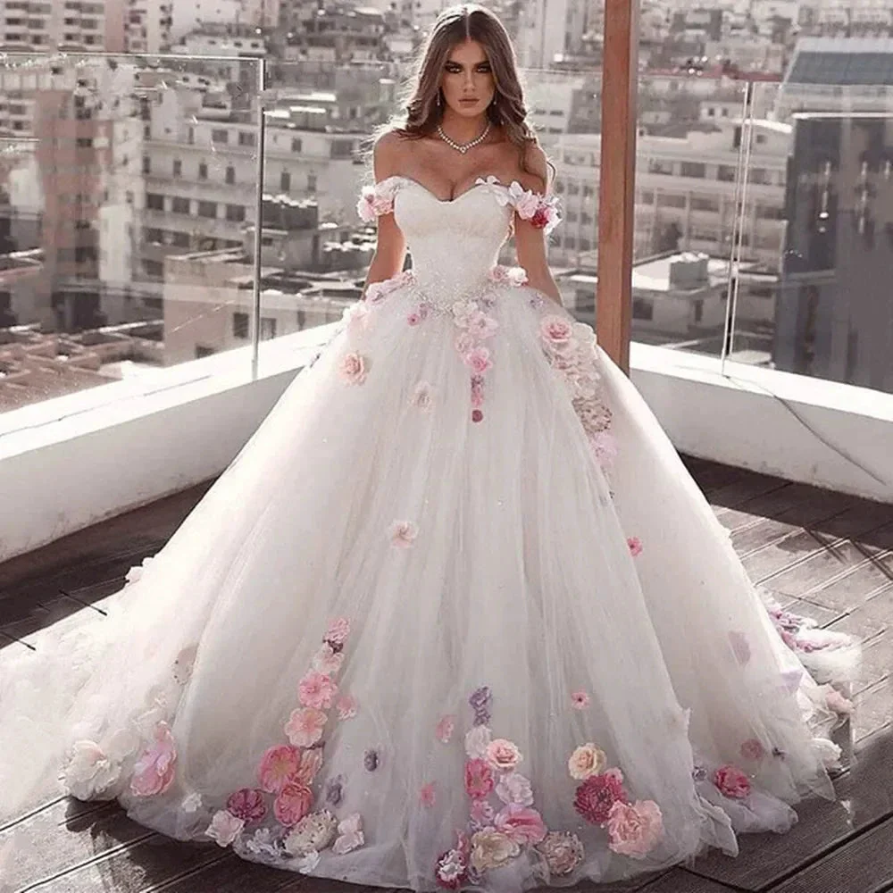 Ball Gown Wedding Dresses 2023 Sweetheart Off Shoulder 3D Flower Bridal Dress Sweep Train Plus Size robe de soirée de mariage - Image 2