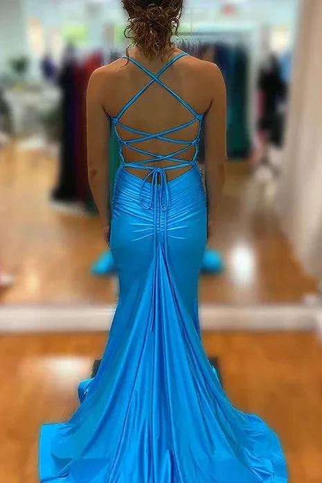 Barrie | Mermaid Spaghetti Straps Blue Satin Long Prom Dress with Criss Cross Back - Image 2