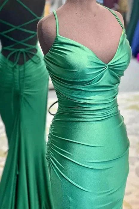 Barrie | Mermaid Spaghetti Straps Blue Satin Long Prom Dress with Criss Cross Back - Image 4