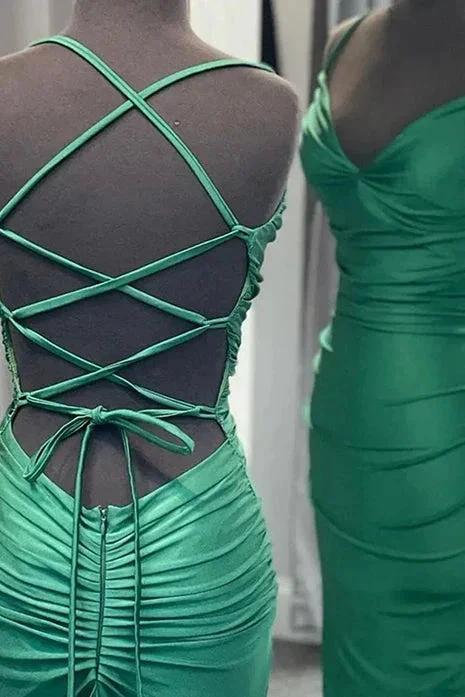 Barrie | Mermaid Spaghetti Straps Blue Satin Long Prom Dress with Criss Cross Back - Image 5
