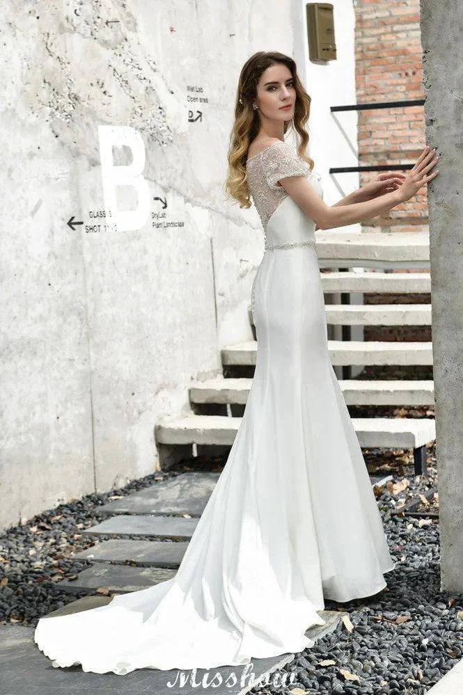 Bateau Short Sleeve Slim Mermaid Wedding Gown Satin Bridal Gown Sweep/Trump Train - Image 10