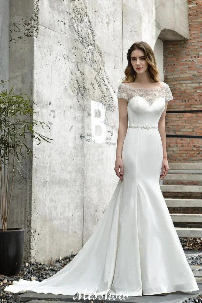 Bateau Short Sleeve Slim Mermaid Wedding Gown Satin Bridal Gown Sweep/Trump Train - Image 2