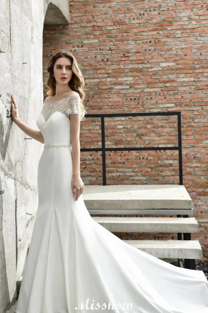 Bateau Short Sleeve Slim Mermaid Wedding Gown Satin Bridal Gown Sweep/Trump Train - Image 3