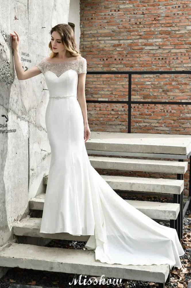 Bateau Short Sleeve Slim Mermaid Wedding Gown Satin Bridal Gown Sweep/Trump Train - Image 4