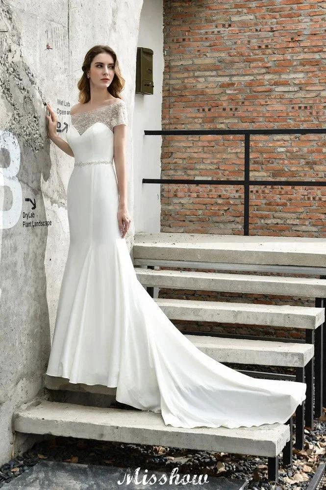 Bateau Short Sleeve Slim Mermaid Wedding Gown Satin Bridal Gown Sweep/Trump Train - Image 5