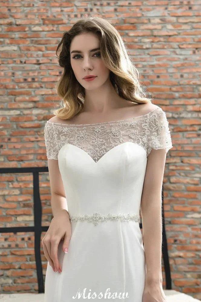 Bateau Short Sleeve Slim Mermaid Wedding Gown Satin Bridal Gown Sweep/Trump Train - Image 6