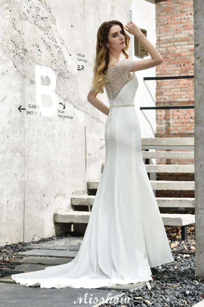 Bateau Short Sleeve Slim Mermaid Wedding Gown Satin Bridal Gown Sweep/Trump Train - Image 7