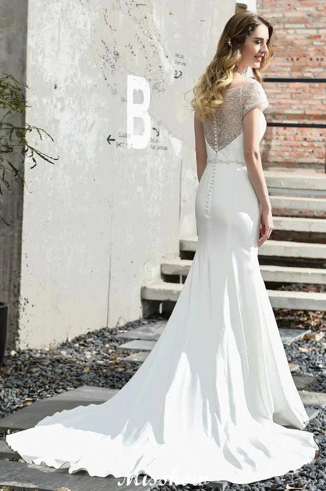 Bateau Short Sleeve Slim Mermaid Wedding Gown Satin Bridal Gown Sweep/Trump Train - Image 8