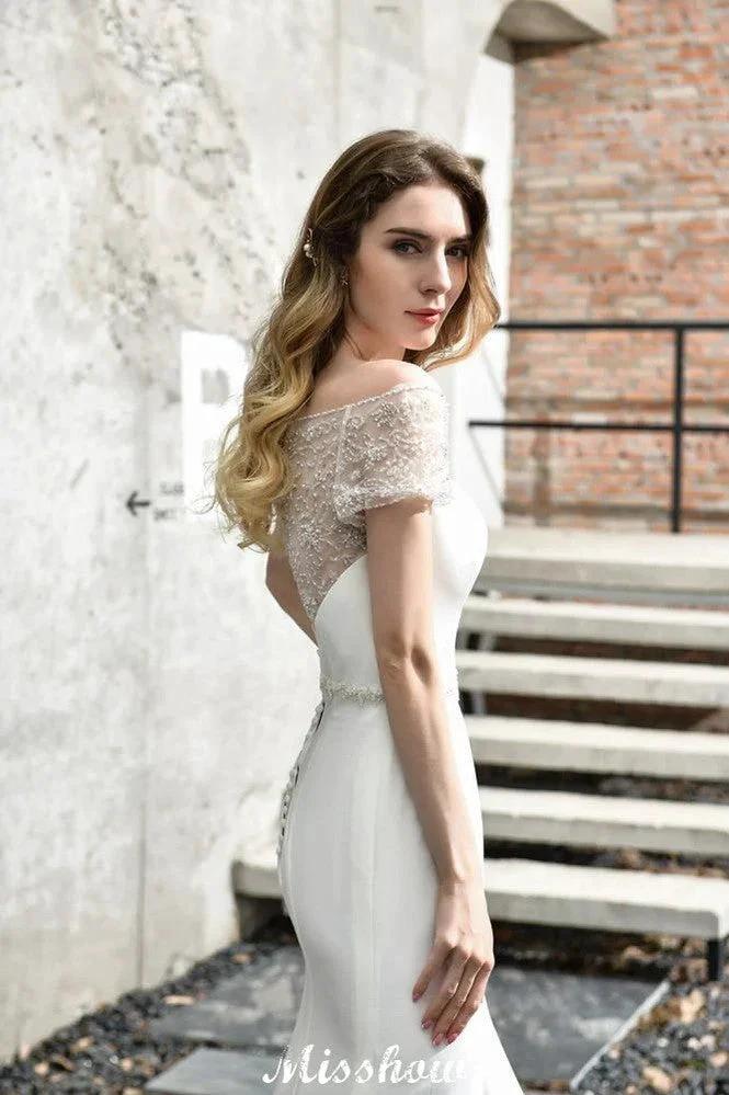 Bateau Short Sleeve Slim Mermaid Wedding Gown Satin Bridal Gown Sweep/Trump Train - Image 9