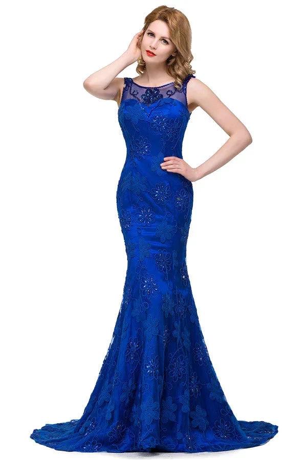 Bateau Sweep-length Applique Crystals Mermaid Form Dresses - Image 2