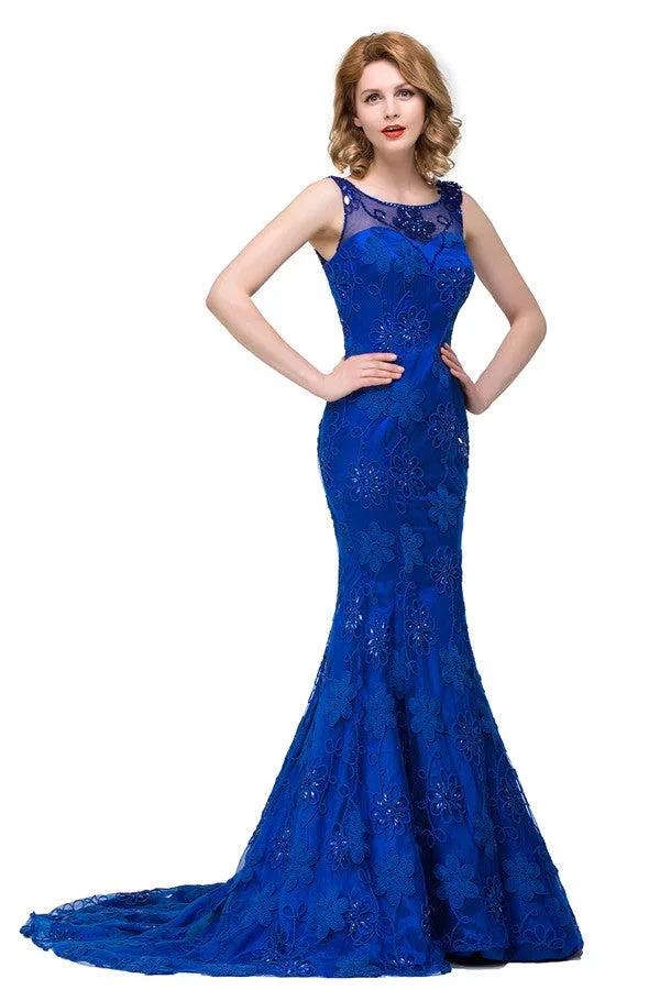 Bateau Sweep-length Applique Crystals Mermaid Form Dresses - Image 3