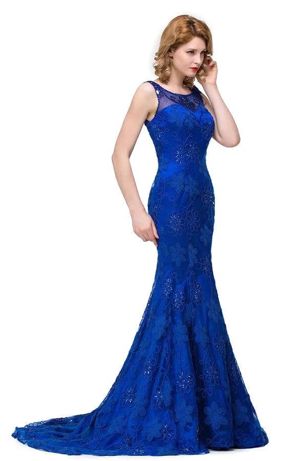 Bateau Sweep-length Applique Crystals Mermaid Form Dresses - Image 4