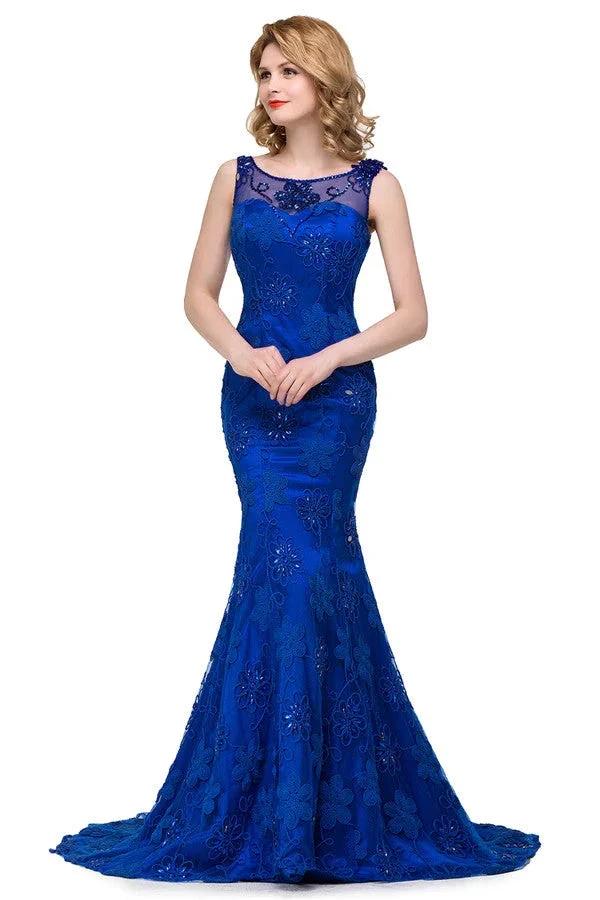 Bateau Sweep-length Applique Crystals Mermaid Form Dresses - Image 5
