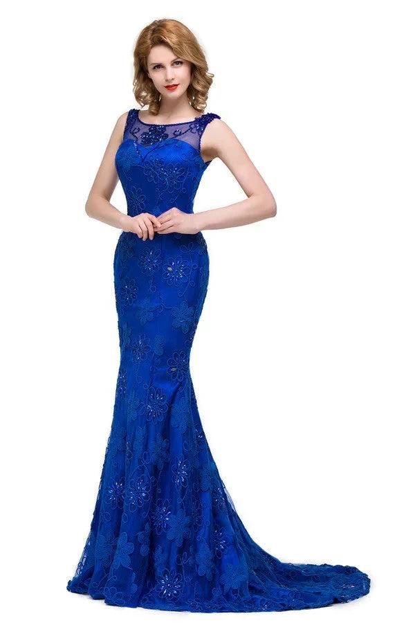 Bateau Sweep-length Applique Crystals Mermaid Form Dresses - Image 6