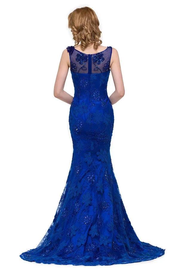 Bateau Sweep-length Applique Crystals Mermaid Form Dresses - Image 7