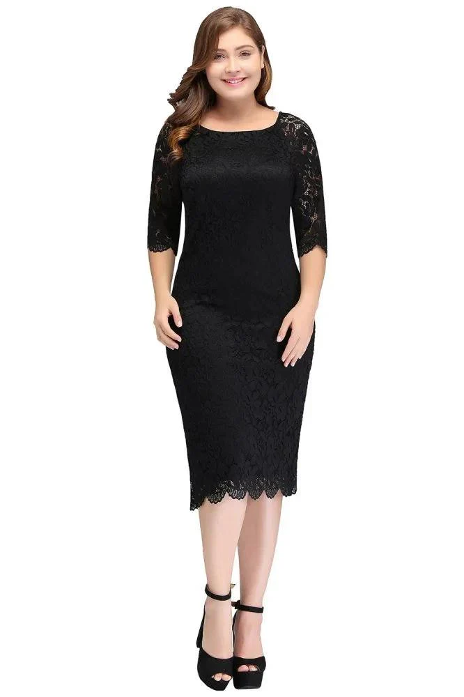 Bateau Tea Length Mermaid Plus size Lace Black Evening Dresses with sleeves - Image 2