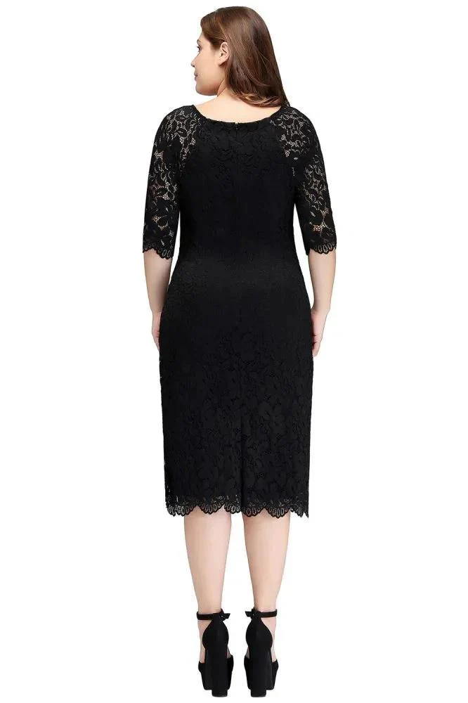 Bateau Tea Length Mermaid Plus size Lace Black Evening Dresses with sleeves - Image 3