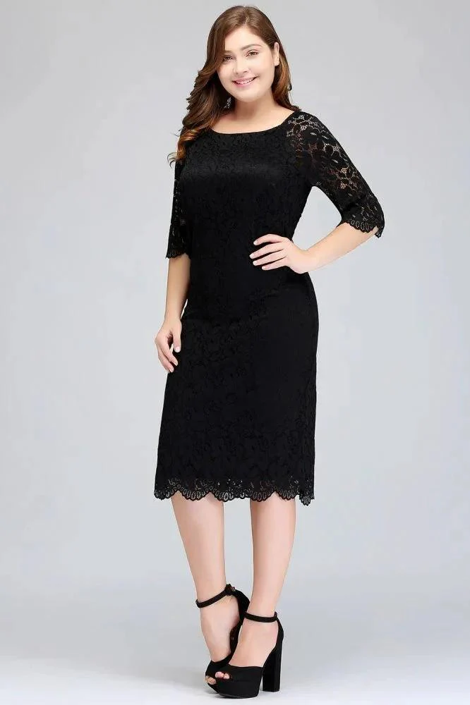 Bateau Tea Length Mermaid Plus size Lace Black Evening Dresses with sleeves - Image 4