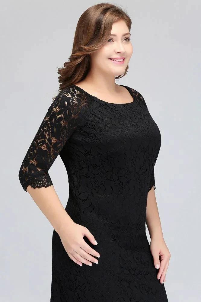 Bateau Tea Length Mermaid Plus size Lace Black Evening Dresses with sleeves - Image 5