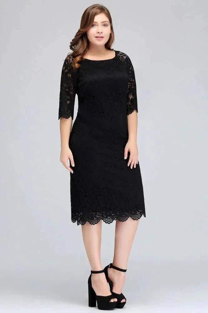 Bateau Tea Length Mermaid Plus size Lace Black Evening Dresses with sleeves - Image 6