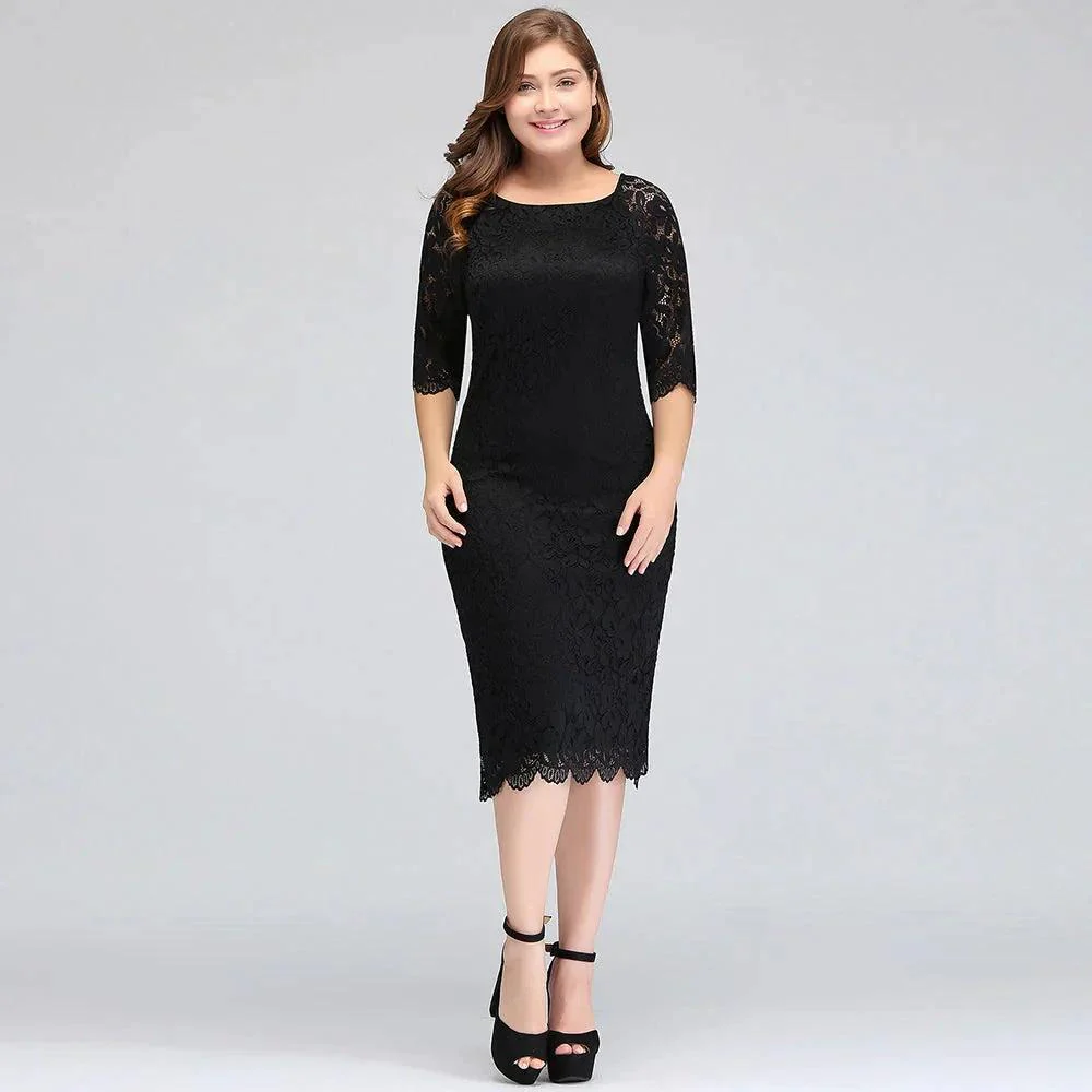 Bateau Tea Length Mermaid Plus size Lace Black Evening Dresses with sleeves - Image 7