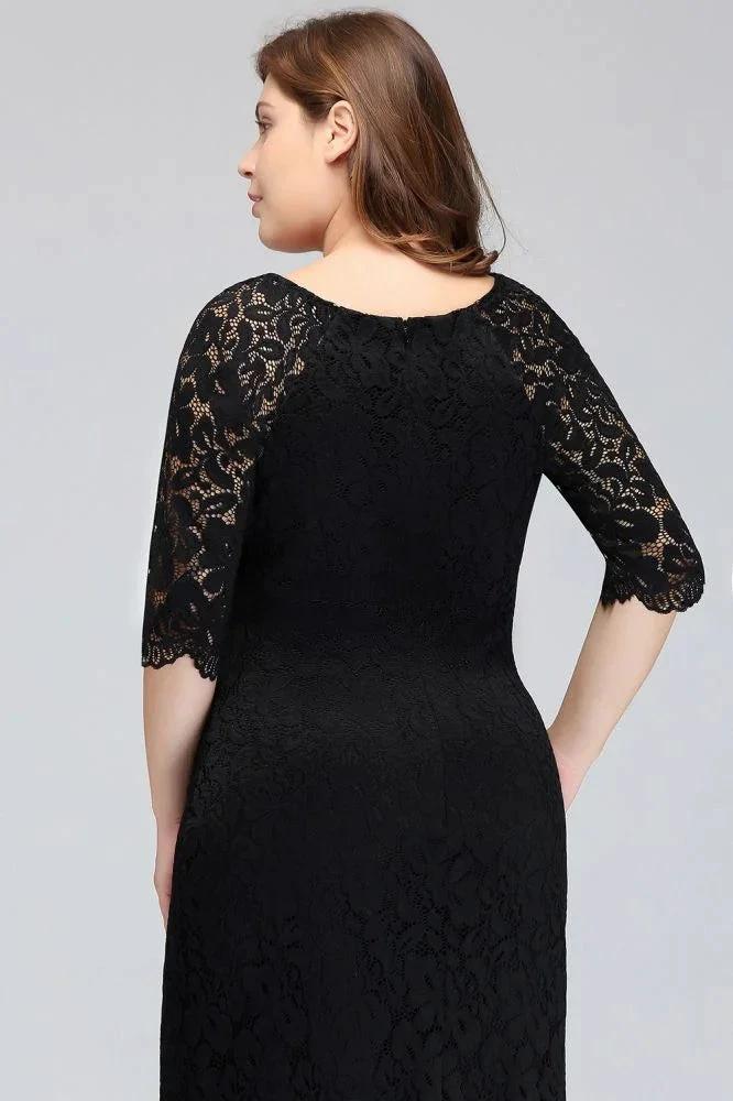 Bateau Tea Length Mermaid Plus size Lace Black Evening Dresses with sleeves - Image 8