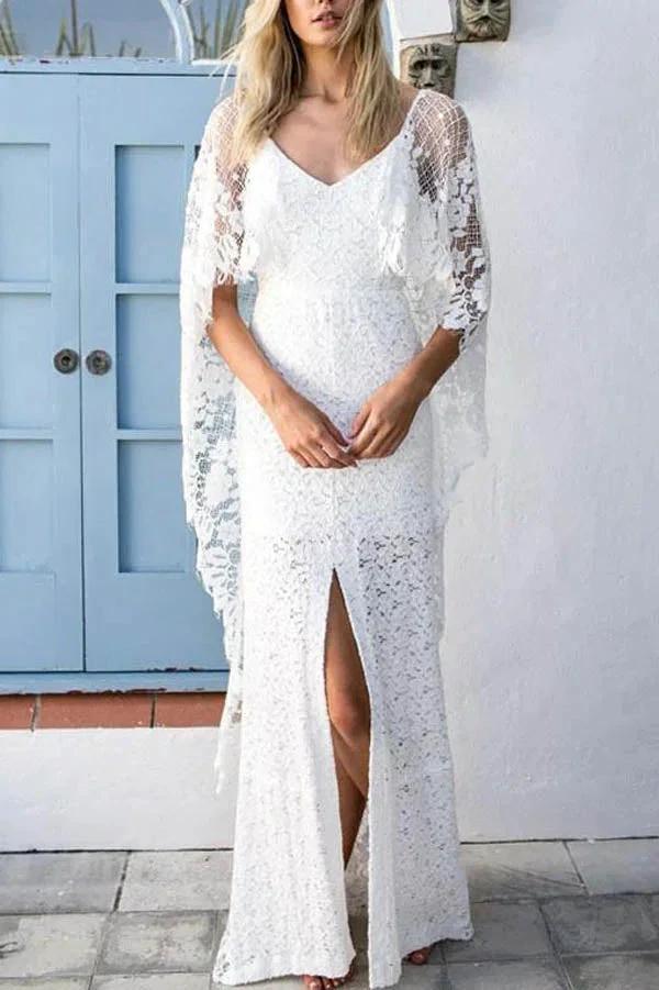 Batwing Sleeve Lace Rustic Wedding Dresses Ivory Sheath Boho Wedding Dresses,MW407 - Image 3