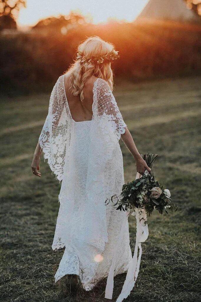 Batwing Sleeve Lace Rustic Wedding Dresses Ivory Sheath Boho Wedding Dresses,MW407 - Image 4