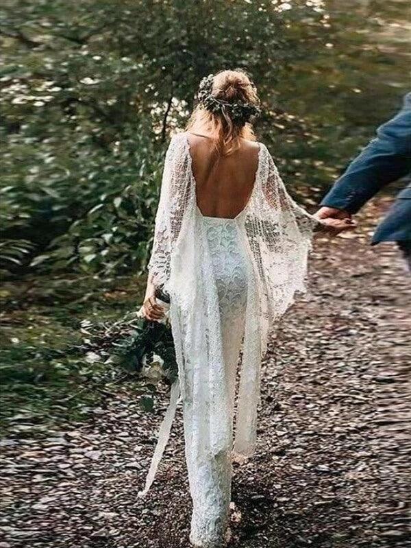 Batwing Sleeve Lace Rustic Wedding Dresses Ivory Sheath Boho Wedding Dresses,MW407 - Image 6