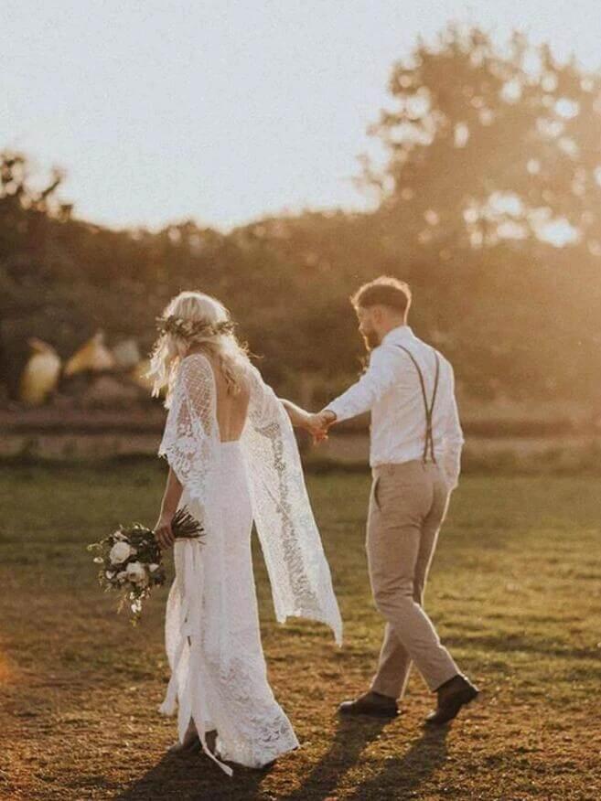 Batwing Sleeve Lace Rustic Wedding Dresses Ivory Sheath Boho Wedding Dresses,MW407 - Image 7