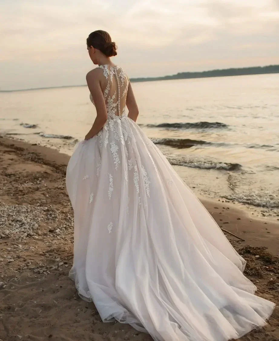 Beach A-Line Wedding Dresses O-neck Sleeveless Vestidos De Novia Custom Made Appliques Vestido De Noiva - Image 2