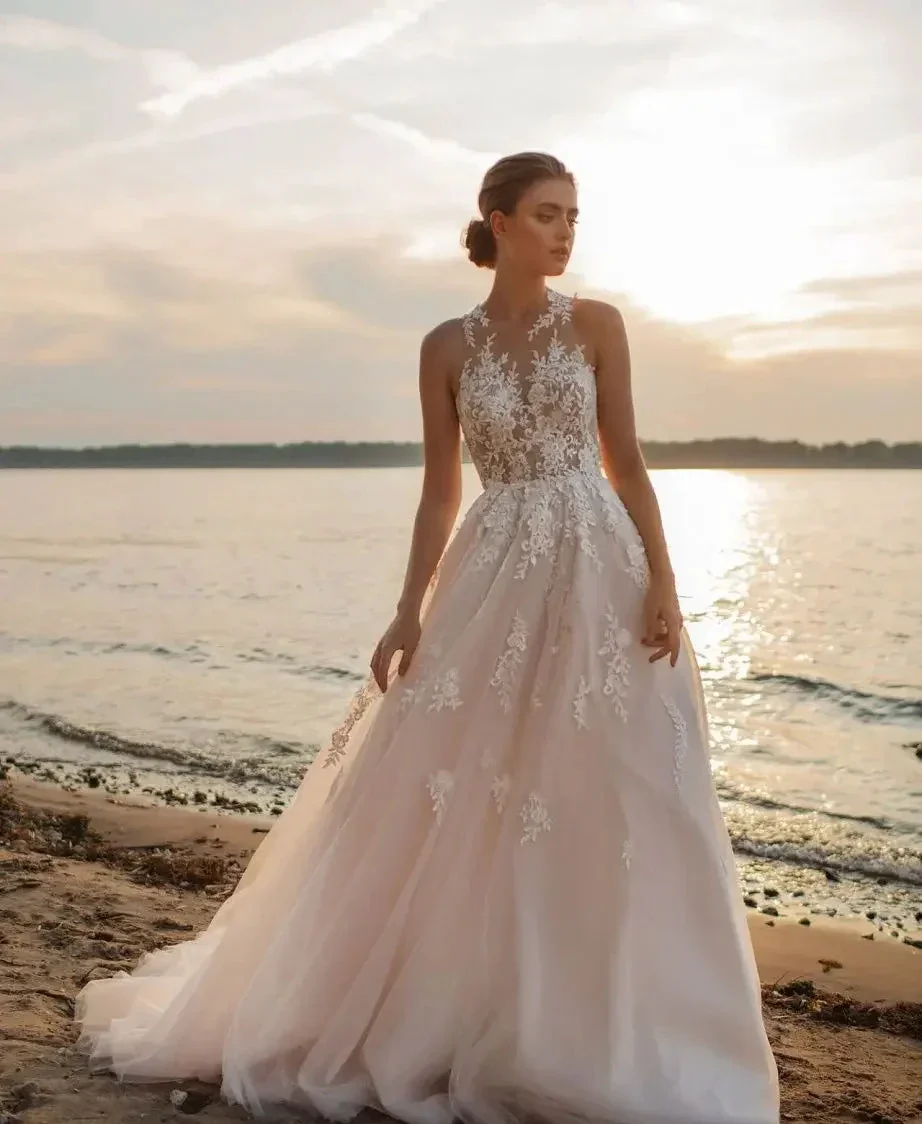Beach A-Line Wedding Dresses O-neck Sleeveless Vestidos De Novia Custom Made Appliques Vestido De Noiva - Image 3