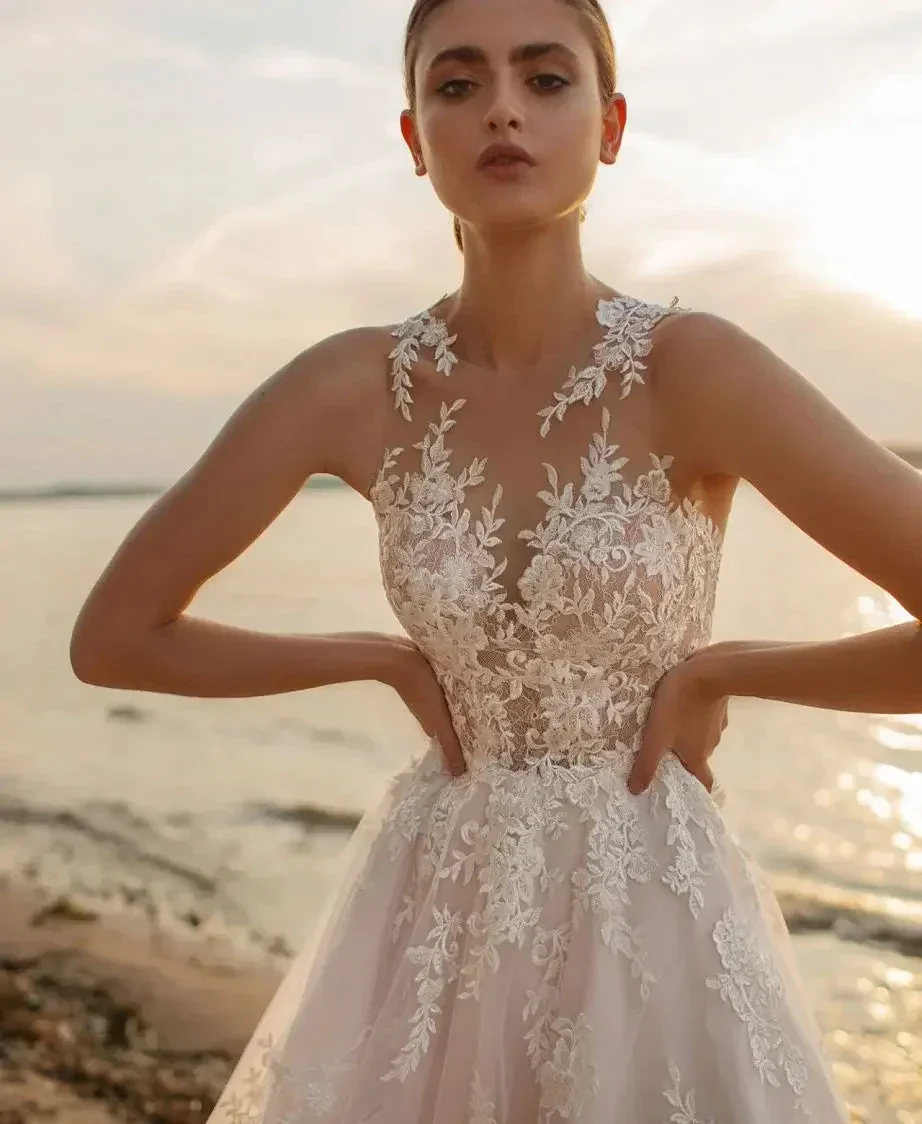Beach A-Line Wedding Dresses O-neck Sleeveless Vestidos De Novia Custom Made Appliques Vestido De Noiva - Image 4