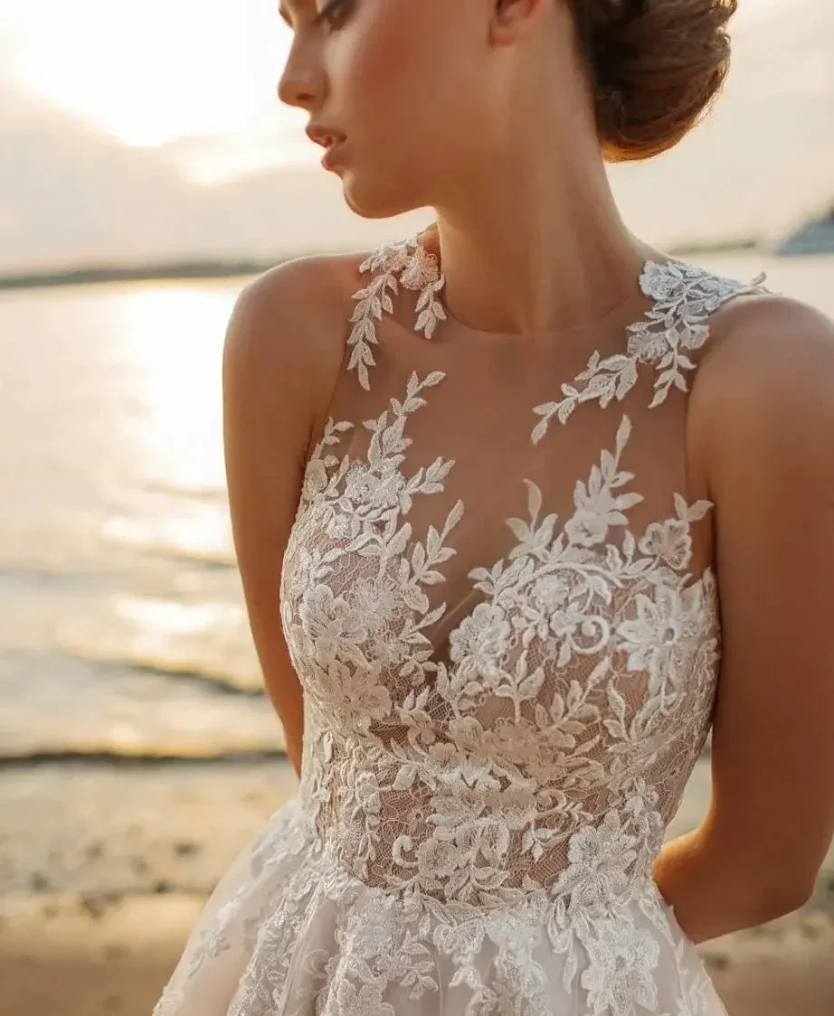Beach A-Line Wedding Dresses O-neck Sleeveless Vestidos De Novia Custom Made Appliques Vestido De Noiva - Image 5