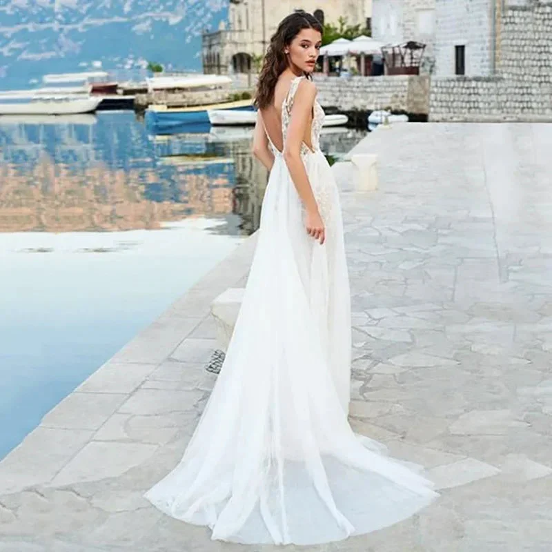 Beach Boho Backless Wedding Dresses Spaghetti Straps Lace Wedding Gowns Side Split V Neck Bride Dress Vestido De Novia - Image 2