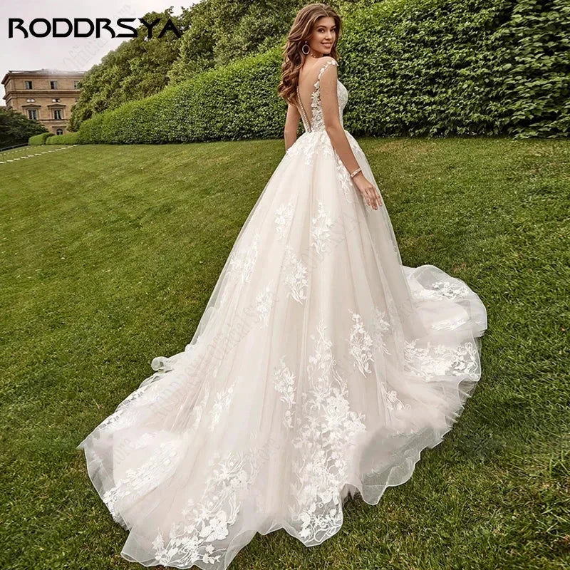 Beach Cap Sleeves Wedding Dresses Illusion Lace Buttons Back Bridal Gown Women Appliques Tulle vestidos de novia playa - Image 2