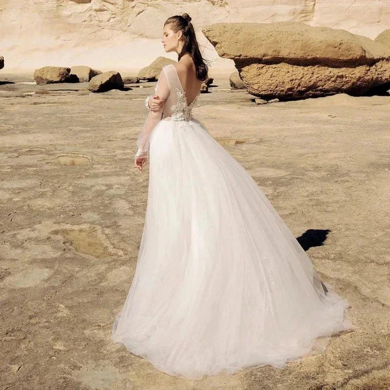 Beach Ivory Lace Wedding Dresses Illusion Long Sleeves Bridal Gowns Jewel Neck Backless Appliqued Tulle A-Line Floor Length - Image 2