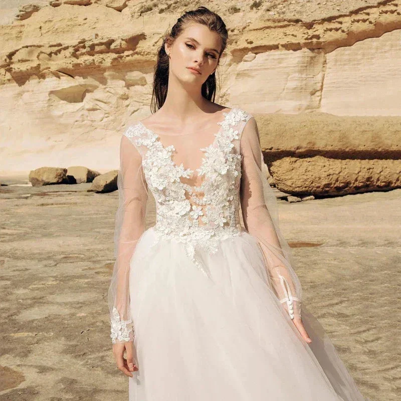 Beach Ivory Lace Wedding Dresses Illusion Long Sleeves Bridal Gowns Jewel Neck Backless Appliqued Tulle A-Line Floor Length - Image 3