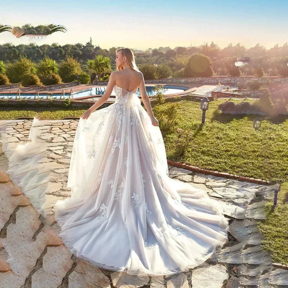 Beach Ivory Wedding Dresses for Women 2023 Summer Sweetheart A-Line Floor Length Illusion Bride Dress Bow Back Lace Applique - Image 2