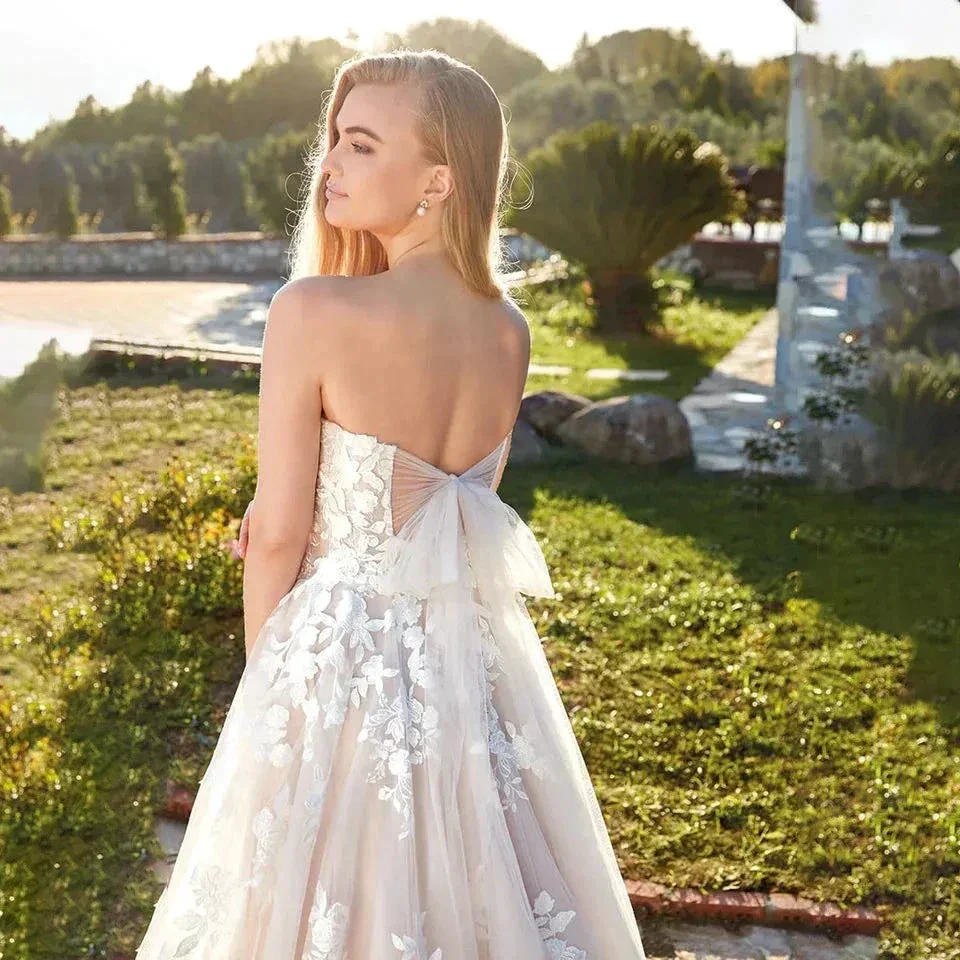 Beach Ivory Wedding Dresses for Women 2023 Summer Sweetheart A-Line Floor Length Illusion Bride Dress Bow Back Lace Applique - Image 6