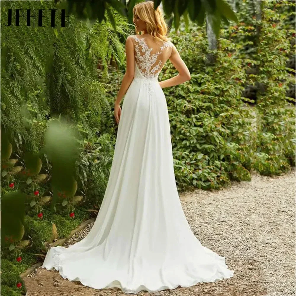 Beach Lace Chiffon Wedding Dress Charming O-Neck Appliques Bridal Gowns A-Line Backless Sleeveless Robe De Mariee 2024 - Image 2