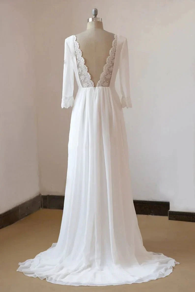 Beach Long A-line Chiffon Backless Wedding Dress with Sleeves - Image 3