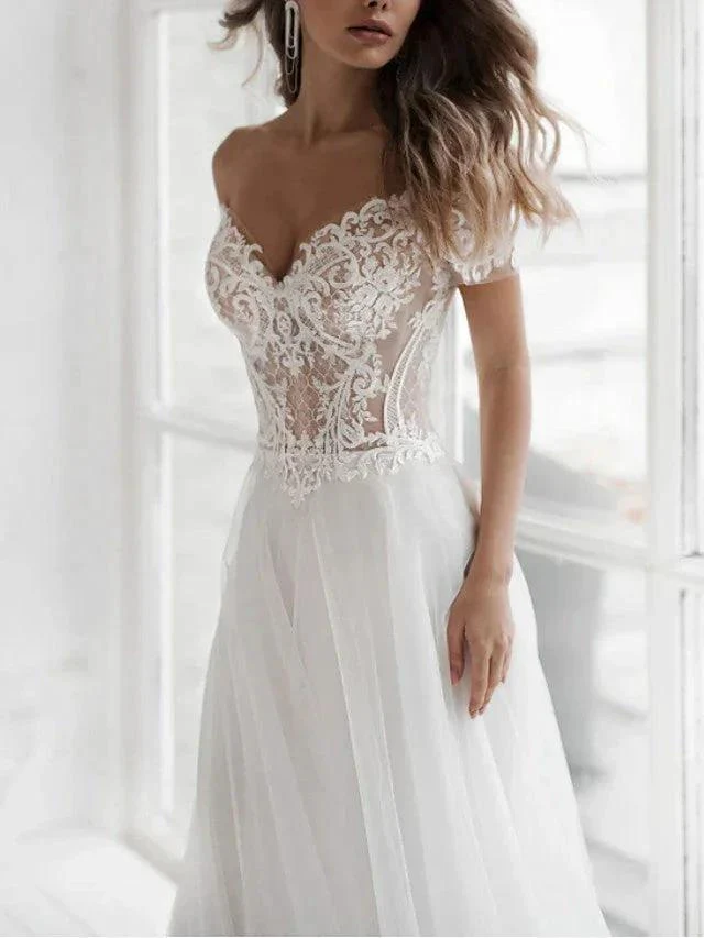 Beach Long A-Line Off the Shoulder Lace Tulle Wedding Dresses - Image 2