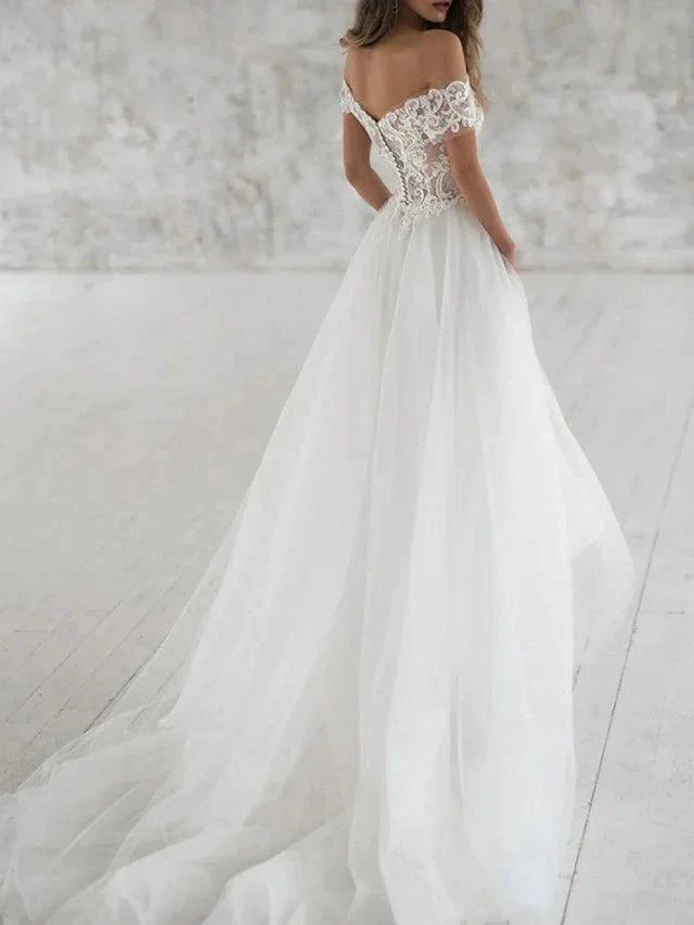 Beach Long A-Line Off the Shoulder Lace Tulle Wedding Dresses - Image 3