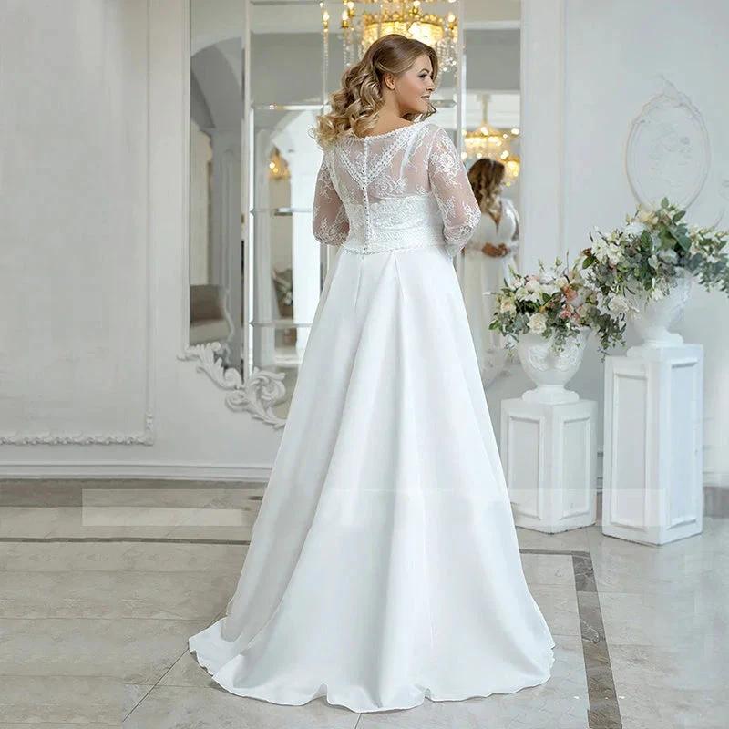 Beach Plus Size Wedding Dress Woman Satin Bohemian Lace Long Sleeve V Neck A Line Floor Length Bridal Gown White - Image 2